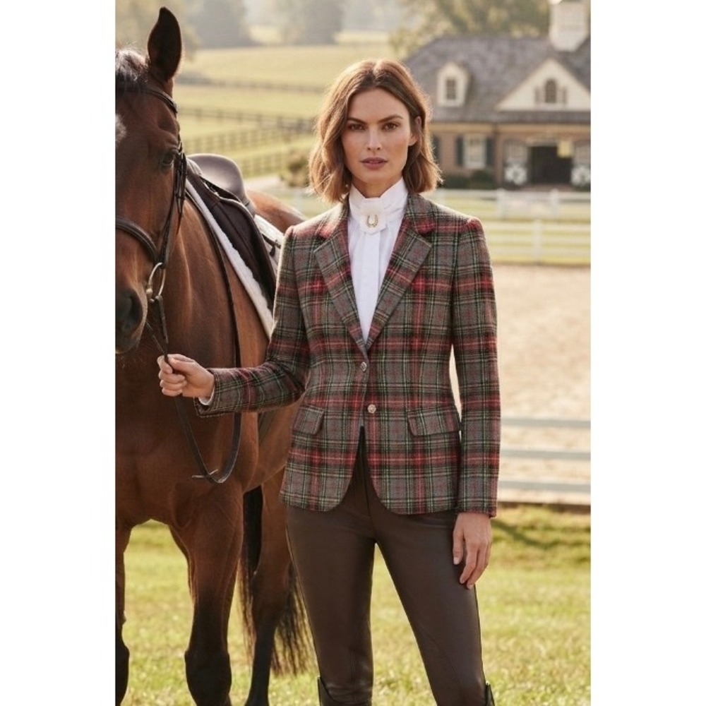 The Villager Plaid Blazer Womens 8 Red Grey Wool Blend Vintage Equestrian Jacket